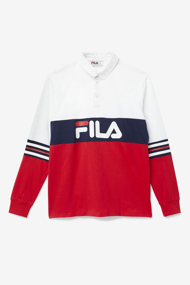 Fila Syd Long Sleeve White/Red/Navy Polo Mens - NZ 45927-ZQAD